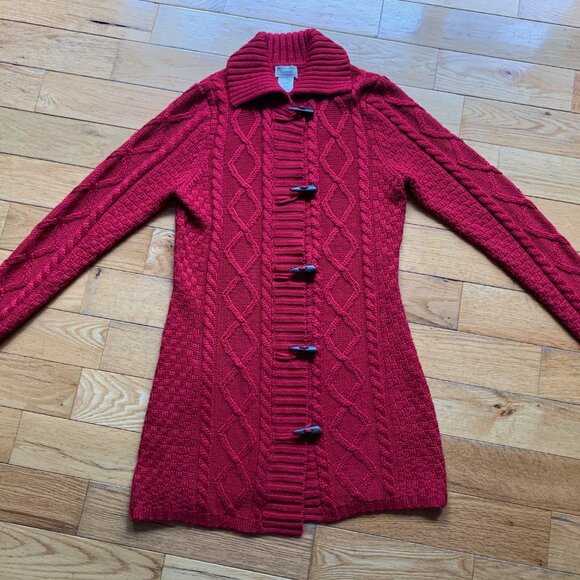 L.L. Bean Red Wool Blend Cable Knit Toggle Cardigan Sweater Women’s Small - Picture 2 of 9